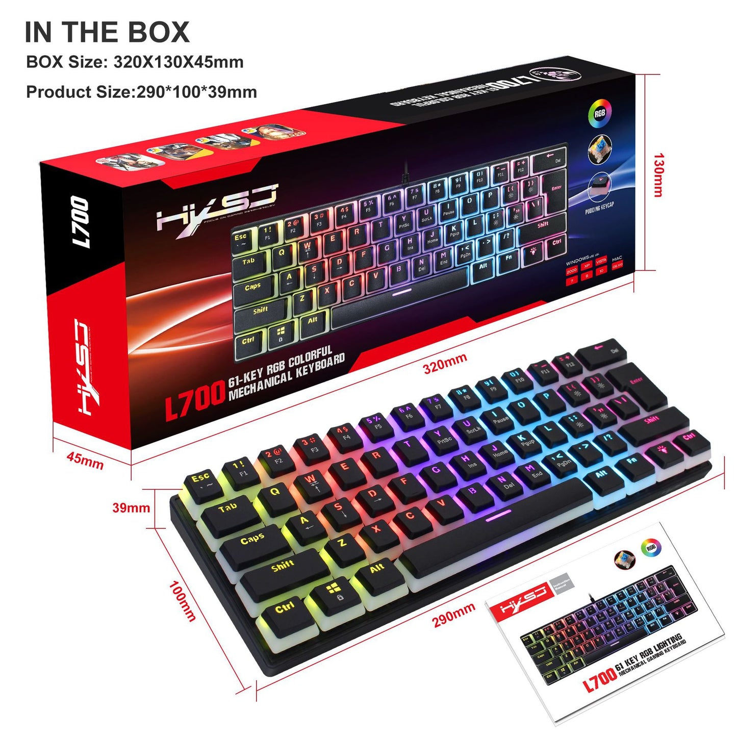 HXSJ 61-Key Wired Mechanical Keyboard Pudding Keycap