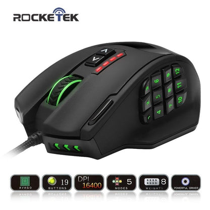 Rocketek USB Gaming Mouse 16400DPI 19 Buttons RGB