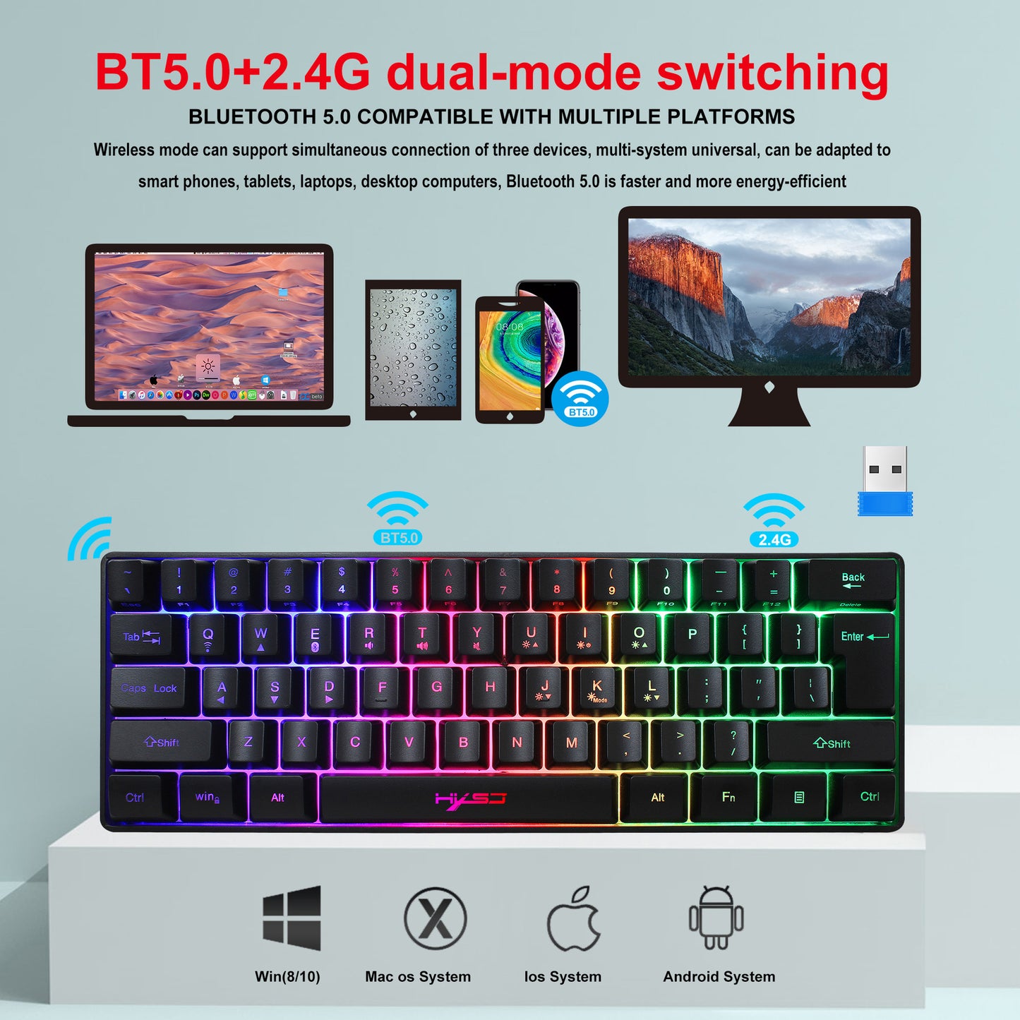 61-Key Bluetooth 2.4G Wireless RGB Mini Keyboard